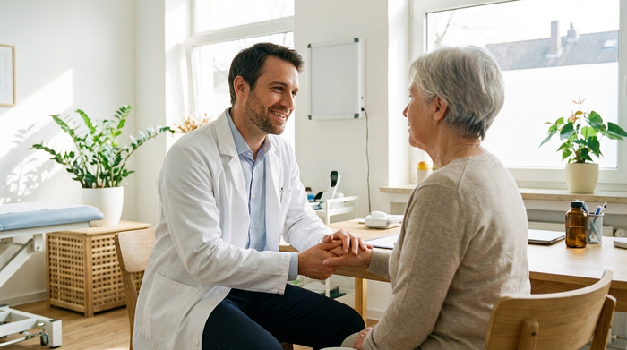 Ein empathischer Arzt in einem weißen Kittel sitzt in einem hellen, freundlichen Sprechzimmer und spricht beruhigend mit einer älteren Dame. Die Umgebung ist professionell und sauber, ohne Text im Bild.