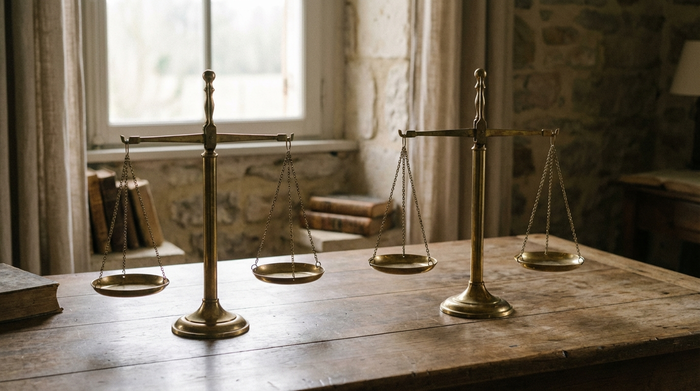 Zwei leere, symbolische Waagschalen aus glänzendem Messing stehen auf einem Holztisch. Sanftes Licht beleuchtet die Szene, die eine schwere, aber ausgewogene Entscheidung symbolisiert. Ruhige, neutrale Umgebung.