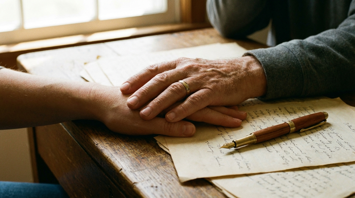 Eine Nahaufnahme von zwei Händen, die sanft übereinanderliegen, auf einem Schreibtisch mit Papier. Ein eleganter Füllfederhalter liegt daneben. Die Szene strahlt Sicherheit und Verbindlichkeit aus.