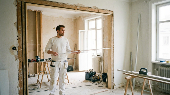 Ein Handwerker in sauberer Arbeitskleidung misst mit einem Zollstock einen breiten Türdurchbruch in einer Wohnung. Realistische Baustellenszene, helles Licht, keine lesbaren Texte oder Diagramme.