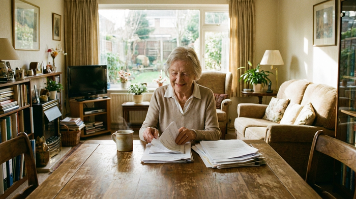 Eine ältere Frau sitzt entspannt an einem Holztisch im Wohnzimmer und sortiert Dokumente. Eine Tasse Tee steht daneben, friedliche und positive Stimmung, realistisches Fotomotiv ohne Text.