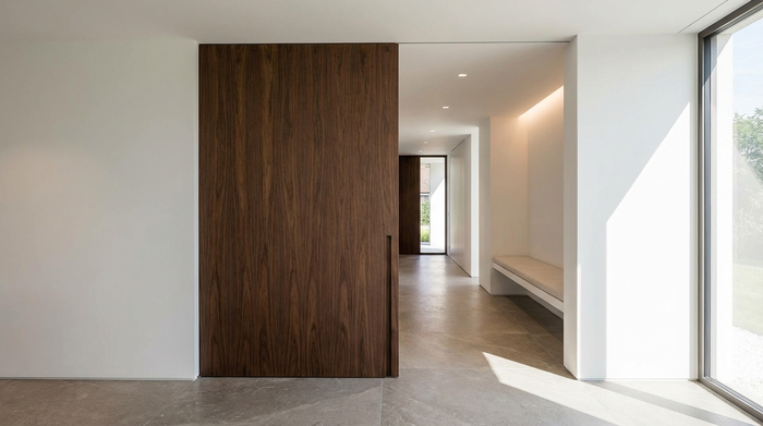 Eine elegante, geöffnete Schiebetür aus Holz in einem modernen Flur, die einen breiten, barrierefreien Durchgang schafft. Minimalistisches Design, keine Stolperschwellen, fotorealistisch.