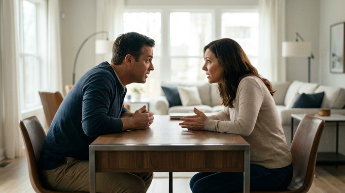 Zwei erwachsene Geschwister sitzen sich an einem modernen Schreibtisch gegenüber und diskutieren konzentriert. Im Hintergrund ein unscharfes, helles Wohnzimmer. Professionelle Beleuchtung, realistische Szene ohne Text.