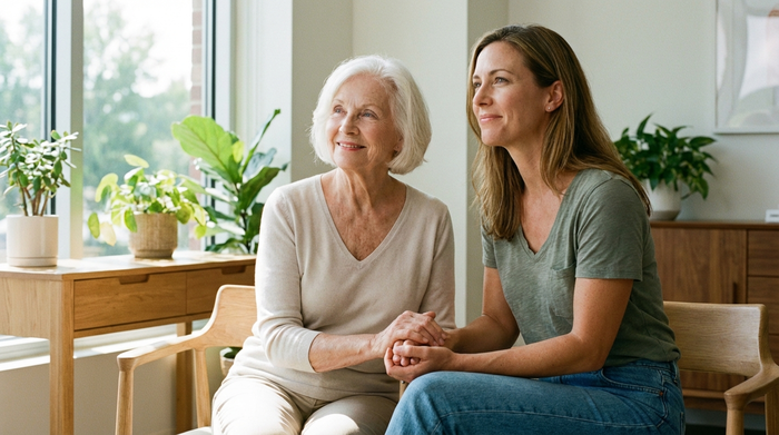 Eine ältere Dame hält liebevoll die Hand ihrer erwachsenen Tochter in einer hellen, freundlichen Arztpraxis. Beide wirken beruhigt, vertraut und blicken optimistisch.