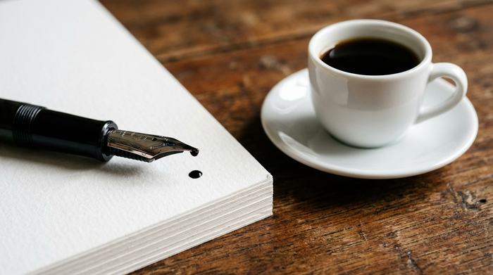 Eine elegante Füllfederhalter-Spitze liegt auf einem dicken, weißen Papierstapel auf einem edlen Holztisch. Daneben steht eine weiße Kaffeetasse. Ruhige, formelle Atmosphäre, Makroaufnahme, keine lesbaren Buchstaben.