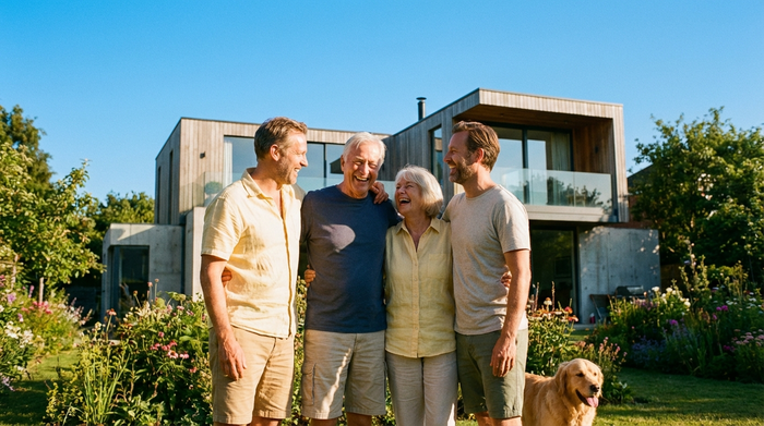Ein lachendes älteres Paar umarmt seine zwei erwachsenen Söhne im sonnigen Garten vor einem modernen Einfamilienhaus. Glückliche, unbeschwerte Stimmung, strahlend blauer Himmel im Hintergrund.