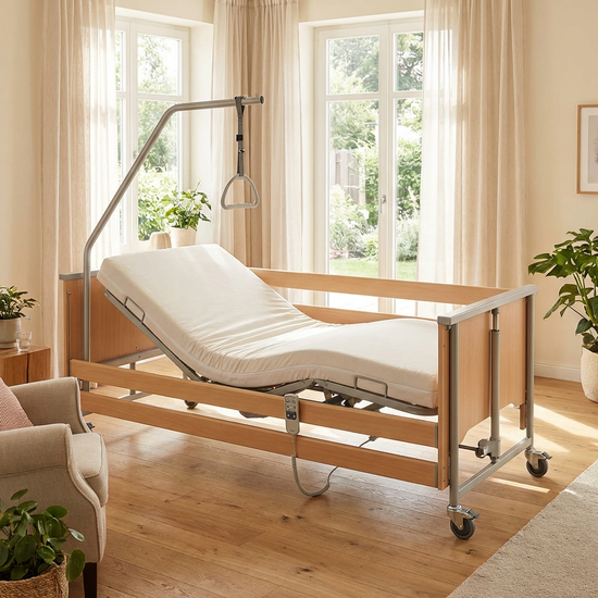 Ein funktionales, elektrisch höhenverstellbares Pflegebett in einem hellen Raum, ausgestattet mit einem praktischen Bettgalgen und dezenten Seitengittern aus hellem Holz.