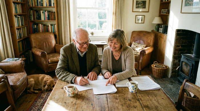 Ein älterer Herr sitzt an einem rustikalen Holztisch in einem gemütlichen Wohnzimmer und bespricht gemeinsam mit einer freundlichen Beraterin aufmerksam einige Dokumente.