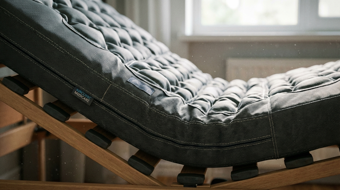 Eine detaillierte Nahaufnahme einer hochwertigen, strukturierten Anti-Dekubitus-Matratze auf einem flexiblen Lattenrost, beleuchtet von weichem, einfallendem Tageslicht.