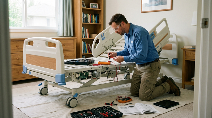 Ein Techniker in sauberer Arbeitskleidung prüft konzentriert und sorgfältig die Elektronik und die Motoren eines Pflegebettes in einem aufgeräumten Schlafzimmer.