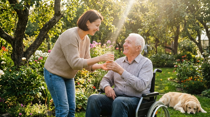 Eine freundliche, professionelle osteuropäische Betreuungskraft in legerer Alltagskleidung reicht einem lächelnden Senior im Rollstuhl in einem gepflegten, sonnendurchfluteten Garten ein Glas Wasser. Friedliche und harmonische Stimmung.