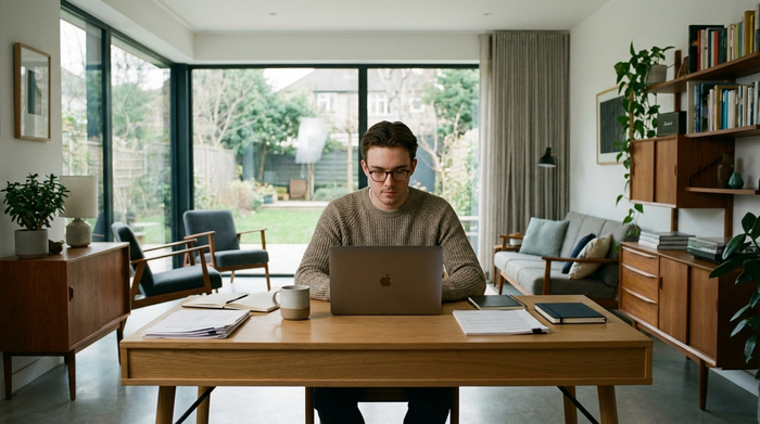 Ein konzentrierter jüngerer Mann mit Brille liest am Laptop in einem modernen Heimbüro. Auf dem Tisch liegen übersichtlich sortierte Papiere und eine Kaffeetasse. Klare, strukturierte und ruhige Arbeitsatmosphäre.