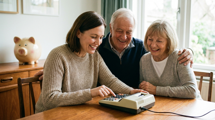 Ein älteres Ehepaar sitzt gemeinsam mit ihrer erwachsenen Tochter am Esstisch. Die Tochter tippt Zahlen in einen Taschenrechner, während sie zufrieden lächeln. Ein Sparschwein steht symbolisch im weichen Hintergrundfokus.
