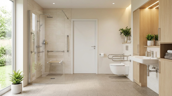 Ein helles, barrierefreies und modern eingerichtetes Senioren-Badezimmer mit bodengleicher Dusche, Haltegriffen an den Wänden und einem rutschfesten Boden. Sauber, sicher und einladend gestaltet.