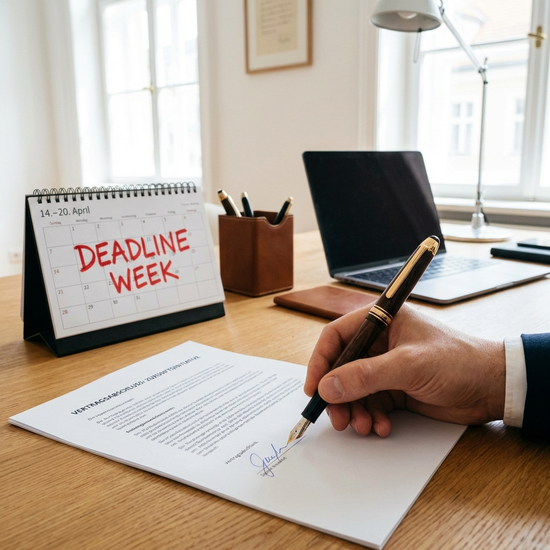 Eine Nahaufnahme einer Hand, die mit einem eleganten Füllfederhalter ein wichtiges Dokument unterschreibt. Auf dem Tisch liegt ein Kalender, in dem eine Woche rot markiert ist. Helles Bürolicht, professionelle und ordentliche Atmosphäre.