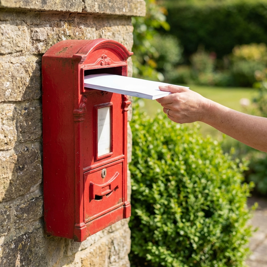 Ein roter Briefkasten an einer gepflegten Hauswand, in den gerade ein dicker, weißer Umschlag eingeworfen wird. Die Hand einer Frau ist im Bildausschnitt zu sehen. Sonniges Wetter, unscharfer Hintergrund mit grünen Büschen.
