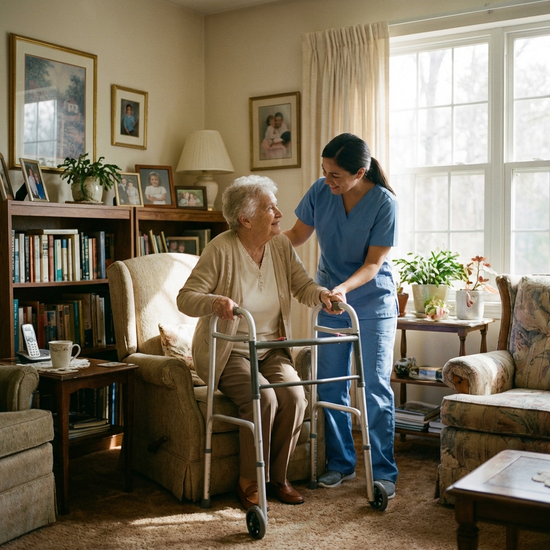 Eine einfühlsame Pflegekraft in blauer Berufskleidung hilft einer älteren Dame behutsam beim Aufstehen aus einem Sessel. Die ältere Dame stützt sich auf einen Rollator. Warmes Licht, respektvoller Umgang im heimischen Wohnzimmer.