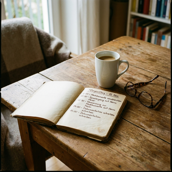Ein aufgeschlagenes Notizbuch liegt auf einem Holztisch neben einer weißen Tasse Kaffee. Darin stehen ordentlich geschriebene Notizen über den Pflegealltag. Eine Lesebrille liegt griffbereit daneben auf dem Tisch.
