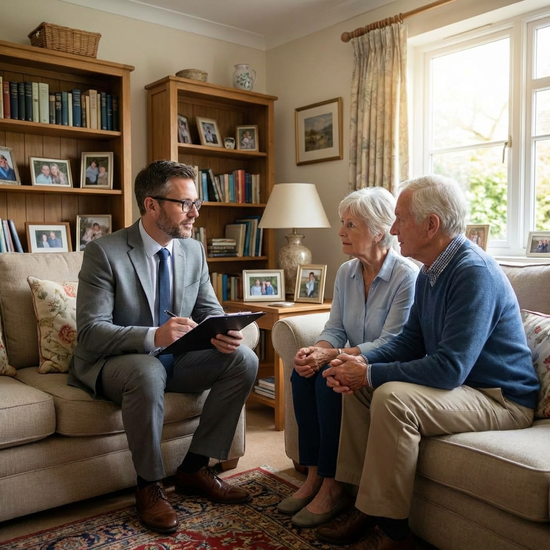 Ein freundlicher, seriöser Gutachter mit einem Klemmbrett sitzt im Wohnzimmer und unterhält sich aufmerksam mit einem älteren Ehepaar. Die Atmosphäre ist ruhig und sachlich, das Wohnzimmer wirkt authentisch und bewohnt.