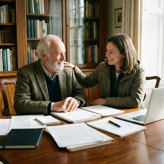 Eine erwachsene Tochter legt beruhigend und unterstützend ihre Hand auf die Schulter ihres alten Vaters, während sie gemeinsam am Tisch sitzen. Beide wirken zuversichtlich, stark und gut vorbereitet.