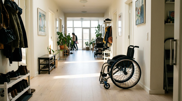 Ein breiter, heller Hausflur in einem Wohngebäude. Ein manueller Rollstuhl steht ordentlich an der Wand geparkt, sodass ein breiter Fluchtweg für die Bewohner komplett frei bleibt. Realistische, alltägliche Szene.