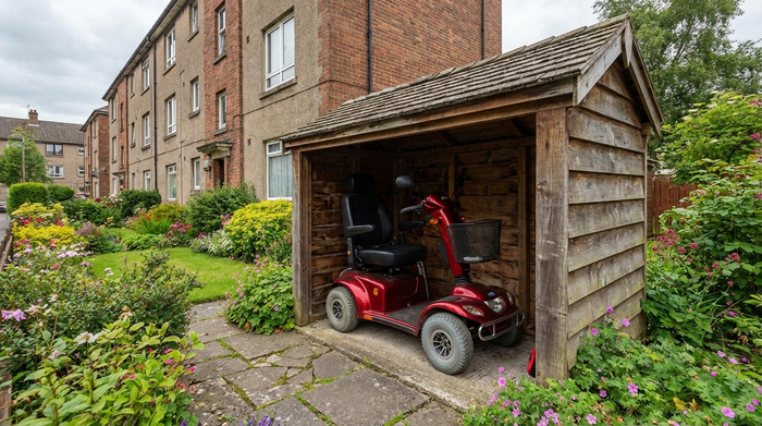 Ein großes, rotes Elektromobil für Senioren parkt sicher in einer speziellen, wetterfesten Abstellbox aus Holz direkt im grünen Vorgarten eines Mehrfamilienhauses.