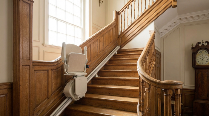 Ein moderner, bequemer Treppenlift mit einem hellen Sitz ist an der Wand eines geschwungenen Holztreppenhauses in einem gepflegten Altbau installiert. Der Sitz ist ordentlich hochgeklappt.