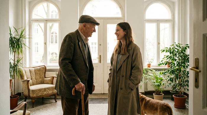 Zwei Nachbarn, ein älterer Herr mit Gehstock und eine jüngere Frau, unterhalten sich freundlich und entspannt im hellen Eingangsbereich eines Wohnhauses. Positive, harmonische Stimmung.