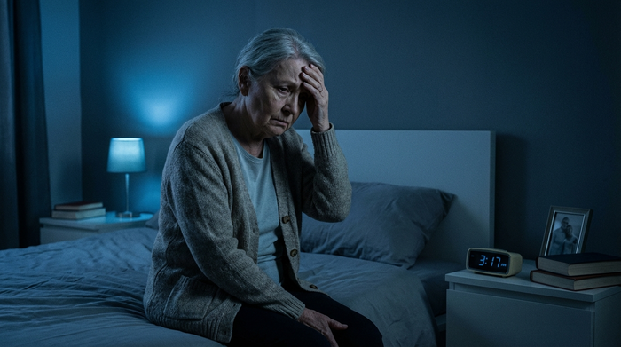 Eine besorgte ältere Frau sitzt im Halbdunkel auf ihrer Bettkante und hält sich müde die Stirn. Das Zimmer ist ordentlich, aber in kühle, schattige Blautöne getaucht, die Schlaflosigkeit und Erschöpfung ausstrahlen.