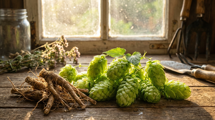 Nahaufnahme von frischen, grünen Hopfenzapfen und getrockneten Baldrianwurzeln auf einem rustikalen Holztisch. Sanftes, warmes Sonnenlicht fällt durch ein Fenster und beleuchtet die natürlichen Heilpflanzen detailliert.