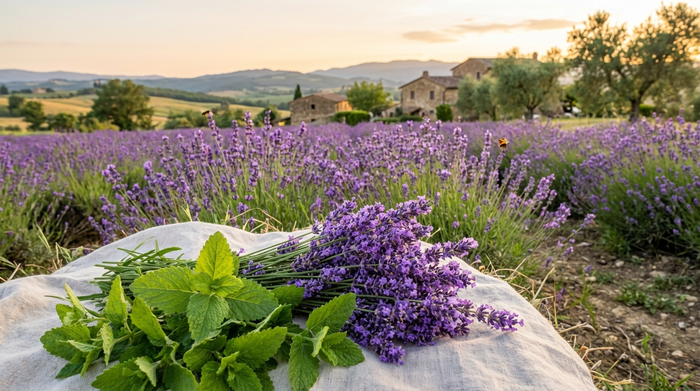 Ein blühendes Lavendelfeld im sanften Abendlicht. Im Vordergrund sind leuchtend violette Lavendelblüten und zarte grüne Melissenblätter auf einem hellen Leinentuch drapiert, umgeben von einer friedlichen Naturkulisse.