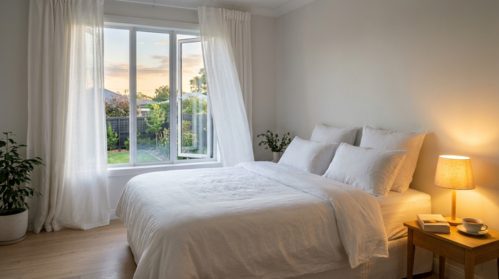 Ein helles, aufgeräumtes und gut gelüftetes Schlafzimmer am frühen Abend. Ein Fenster steht leicht offen, frische weiße Bettwäsche lädt zum Schlafen ein, und eine kleine, warme Nachttischlampe spendet gemütliches Licht.