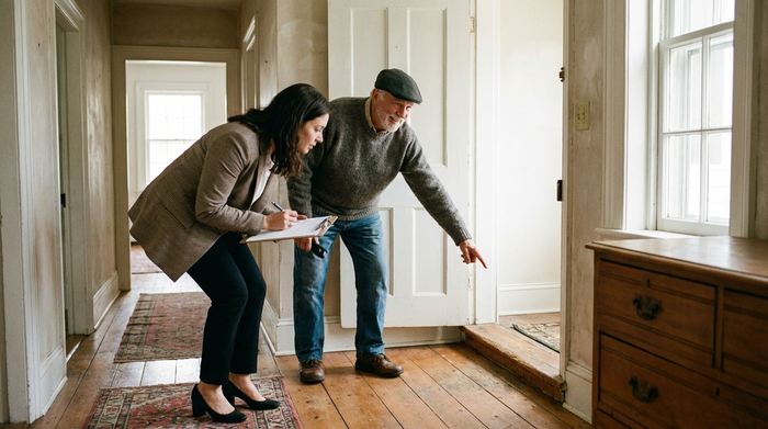 Eine professionelle Wohnberaterin mit Klemmbrett begutachtet aufmerksam den Flur eines älteren Hauses, während ein rüstiger Senior ihr lächelnd die Türschwellen zeigt. Helles Tageslicht, aufgeräumte Umgebung.
