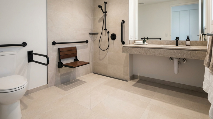 Ein modern umgebautes, barrierefreies Badezimmer mit einer bodengleichen Dusche, eleganten Haltegriffen in mattem Schwarz und rutschfesten, hellen Fliesen. Ein eleganter Duschsitz ist an der Wand montiert. Sauber, realistisch, ohne Text.