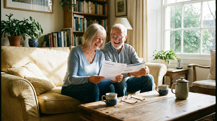 Ein älteres Paar sitzt entspannt auf dem Sofa und freut sich über ein Dokument in ihren Händen. Auf dem Couchtisch stehen Kaffeetassen. Gemütliche, sonnendurchflutete Wohnzimmeratmosphäre, realistische Szene.