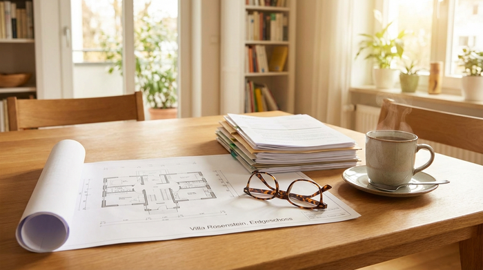 Ein aufgeräumter Holztisch, auf dem verschiedene Dokumente, ein Grundrissplan und eine Brille ordentlich bereitliegen. Daneben steht eine Tasse dampfender Tee. Helles, einladendes Ambiente.