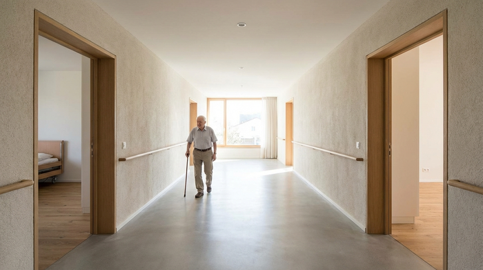 Ein gut ausgeleuchteter, breiter Flur in einem modernen Haus. Ein älterer Herr mit Gehstock spaziert mühelos über den glatten, rutschfesten Boden. An der Wand befindet sich ein dezenter, stabiler Handlauf. Es gibt keine Türschwellen, und die Türen sind besonders breit.