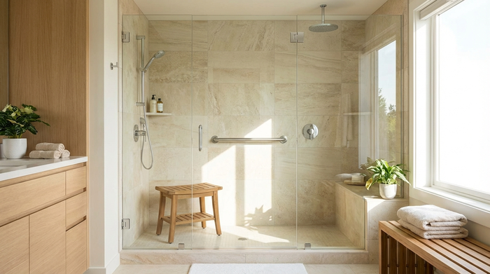 Ein modernes, helles Badezimmer mit einer großzügigen, bodengleichen Walk-in-Dusche. An der Wand der Dusche ist ein eleganter, verchromter Haltegriff montiert. Auf dem rutschfesten Fliesenboden steht ein stabiler Duschhocker. Das Ambiente wirkt wie in einem komfortablen Spa.