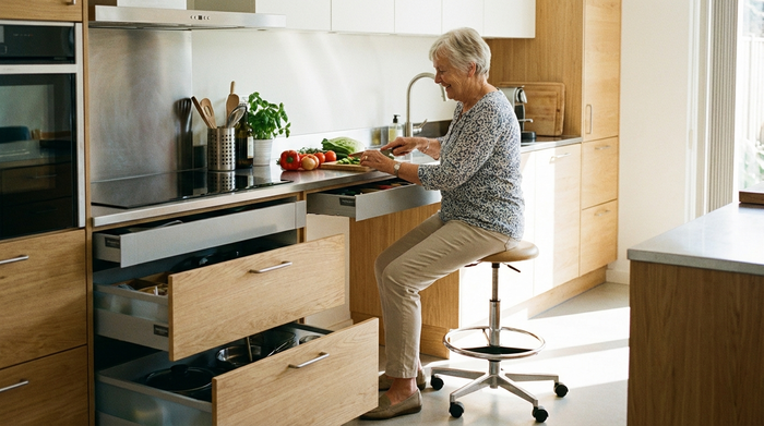Eine aufgeräumte, moderne Küche mit unterfahrbaren Arbeitsflächen. Eine ältere Dame sitzt bequem auf einem Stuhl an der Arbeitsplatte und schneidet frisches Gemüse. Die Schränke haben praktische Auszugsschubladen, und der Induktionsherd ist gut erreichbar. Die Szene strahlt Selbstständigkeit aus.