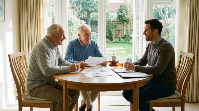 Ein älteres Ehepaar sitzt gemeinsam mit einer freundlichen Beraterin an einem runden Esstisch. Auf dem Tisch liegen übersichtliche Dokumente. Alle drei wirken entspannt und zufrieden, während sie die Finanzierungspläne für den Hausumbau besprechen. Helles Tageslicht fällt durch das Fenster.