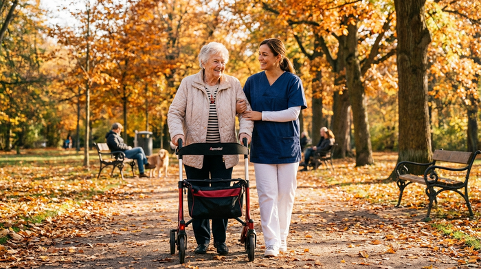 Eine ältere Dame geht sicher an der Seite einer freundlichen Pflegekraft durch einen sonnigen, herbstlichen Park. Die Dame stützt sich leicht auf einen modernen Rollator, beide lächeln entspannt. Klare, realistische Umgebung, Fokus auf Mobilität und Sicherheit im Alter.
