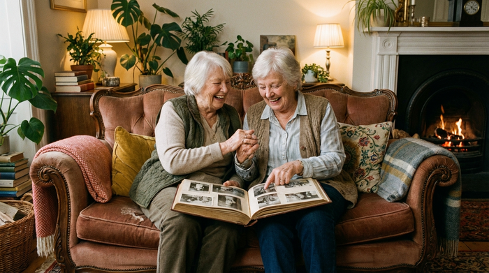 Zwei ältere Frauen sitzen gemütlich auf einem Sofa und schauen sich gemeinsam ein altes, aufgeschlagenes Fotoalbum an. Warme Beleuchtung, gemütliches Wohnzimmer mit Pflanzen. Die Szene wirkt vertraut, fröhlich und emotional unterstützend.