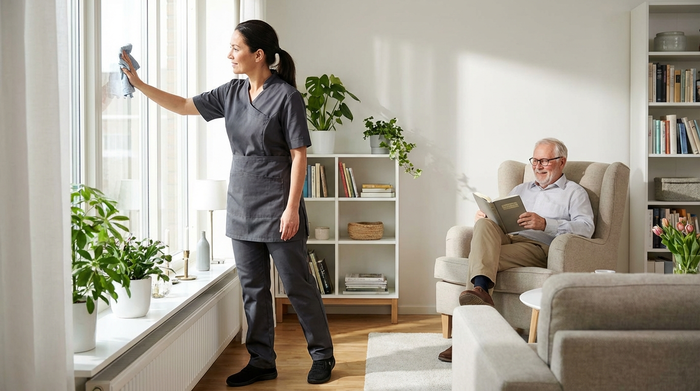 Eine professionelle Haushaltshilfe in dezenter, sauberer Arbeitskleidung putzt mit einem Tuch ein helles Fenster im Wohnzimmer, während ein älterer Herr im Hintergrund entspannt in einem Sessel ein Buch liest. Sauberes, aufgeräumtes Zimmer im Tageslicht.