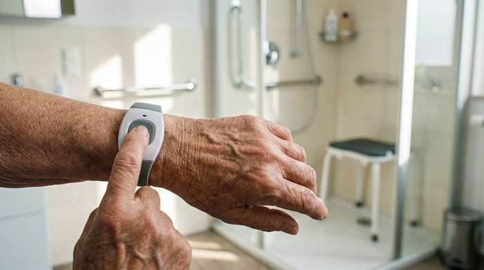 Eine Nahaufnahme der Hand einer älteren Person, die einen modernen Hausnotruf-Knopf als Armband am Handgelenk trägt. Im leicht unscharfen Hintergrund ist ein helles, barrierefreies Badezimmer zu erkennen. Hochwertige Fotografie, Fokus auf Sicherheitstechnik im Alltag.