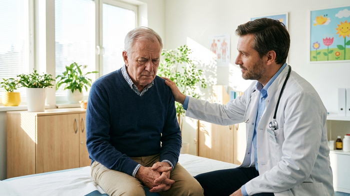 Ein besorgter älterer Mann sitzt im Behandlungszimmer eines Arztes, während der empathische Arzt ihm aufmerksam zuhört und beruhigend die Hand auf die Schulter legt. Helle, freundliche Praxisumgebung.