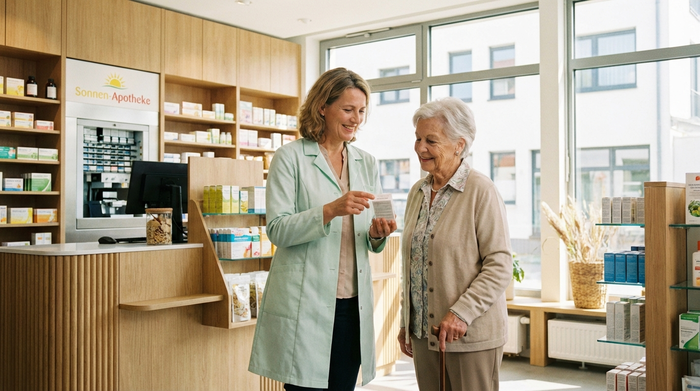 Eine Apothekerin mittleren Alters steht lächelnd in einer modernen Apotheke und berät eine ältere Dame freundlich. Helles Licht und aufgeräumte Regale im Hintergrund schaffen eine vertrauensvolle Atmosphäre.