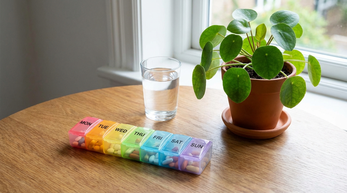 Ein ordentlich sortierter, farbenfroher Wochendispenser für Medikamente liegt auf einem Holztisch neben einem Glas Wasser und einer frischen grünen Pflanze. Ruhige, aufgeräumte Atmosphäre.