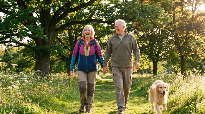 Ein aktives Seniorenpaar spaziert fröhlich durch einen sonnigen, grünen Park. Sie tragen bequeme Kleidung und lachen entspannt miteinander, umgeben von großen Bäumen und Natur.