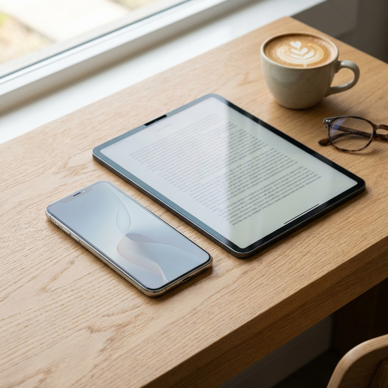 Ein elegantes Smartphone und ein großes Tablet liegen nebeneinander auf einem hellen Holztisch. Daneben steht eine Tasse Kaffee und eine Lesebrille. Helle, freundliche Beleuchtung, realistische Szene, keine Texte.