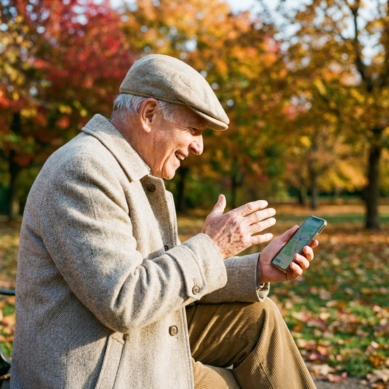 Ein rüstiger Senior im Park, der mit einem Smartphone in der Hand lächelnd navigiert. Er trägt einen leichten Mantel. Sonniges Herbstwetter, unscharfer Hintergrund mit bunten Bäumen.